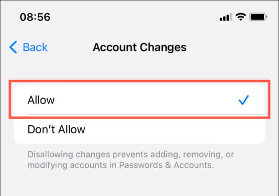allow account settings screen time