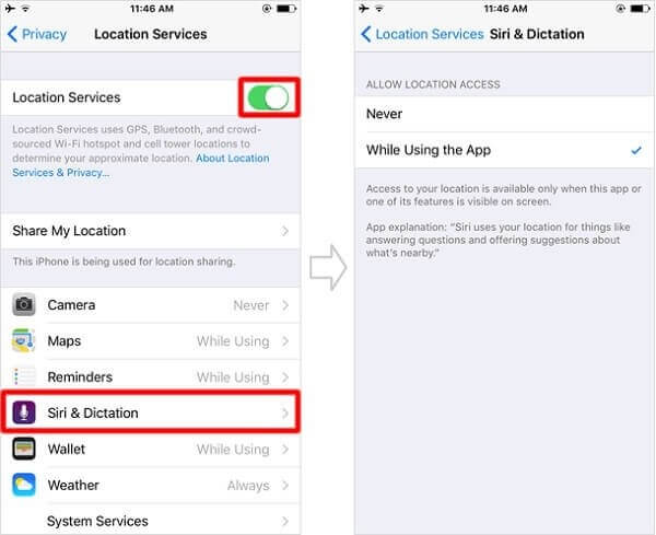 allow siri on location services