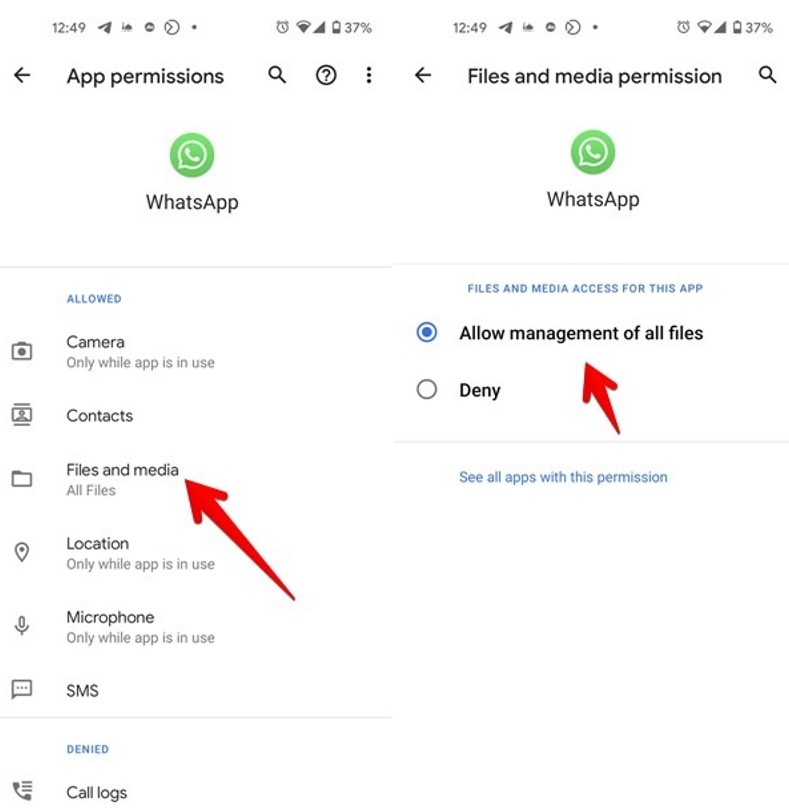 check permissions to download media files on Android