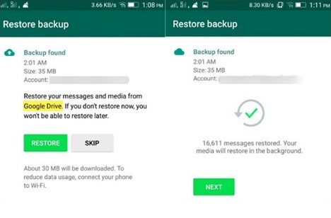 restore WhatsApp from google