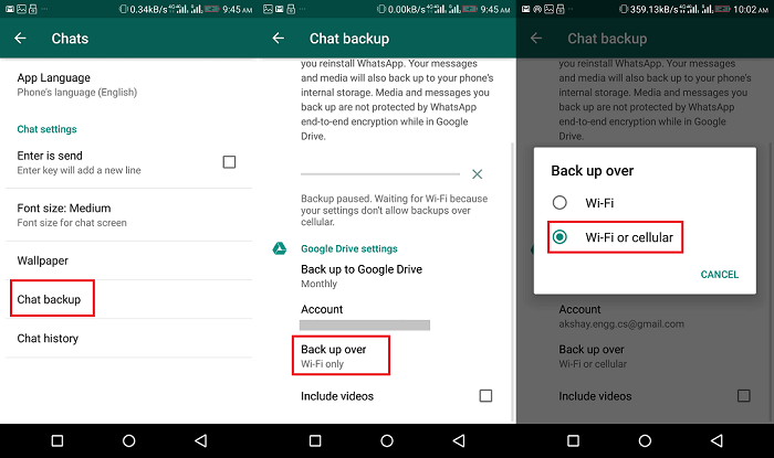 backup WhatsApp using Wifi or Cellular on Android