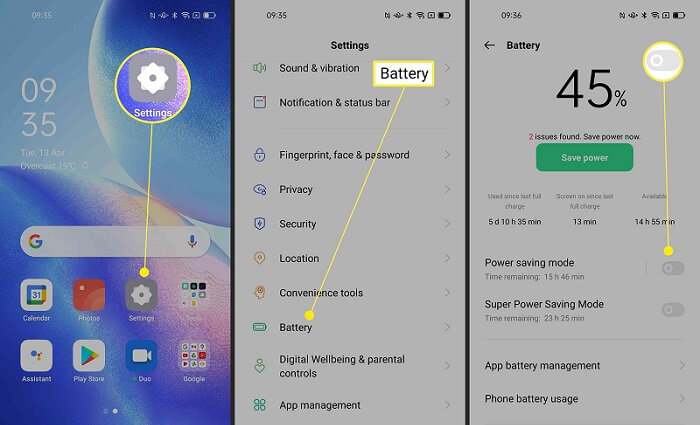 turn off power saving mode on Android