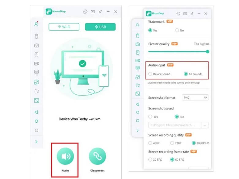 set audio to use wootechy mirrordisp