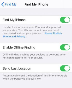 check find my iphone status in settings