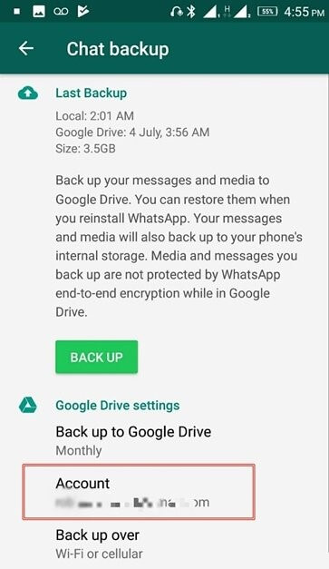 check Google account on WhatsApp