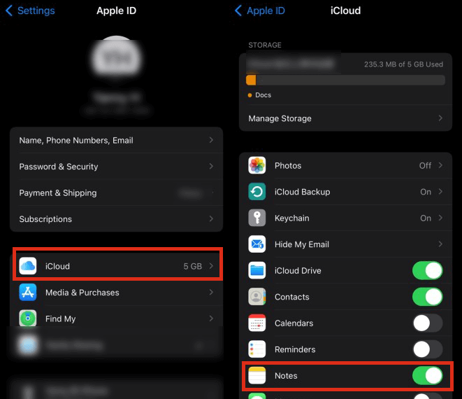 check Notes settings in iCloud