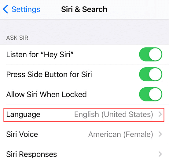 check siri language