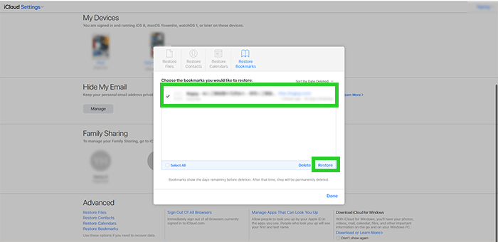 choose bookmarks to restore on iPad