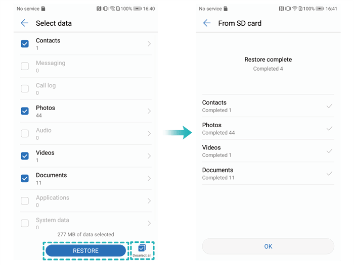 choose items to restore from SD card