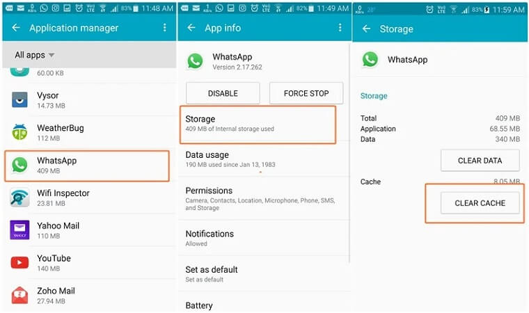 clear cache whatsapp android