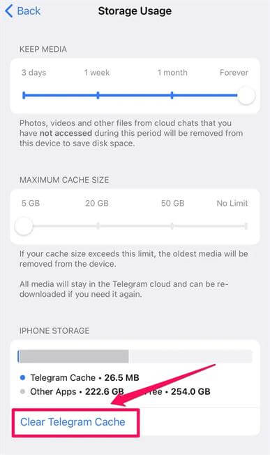 clear telegram cache on iphone
