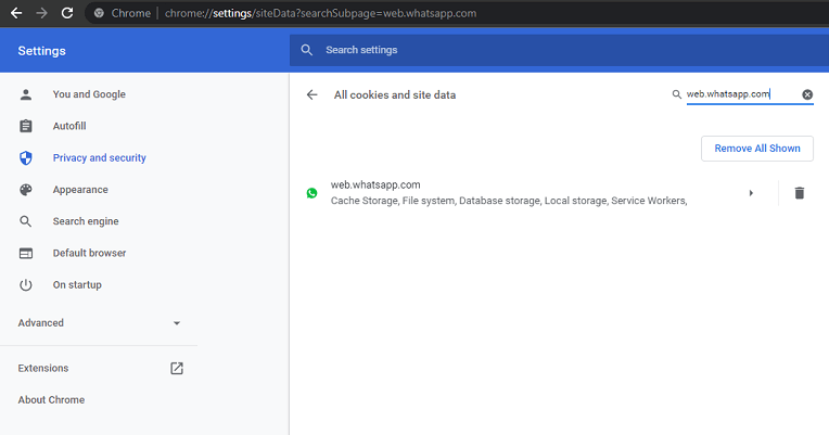 clear WhatsApp web cache chrome