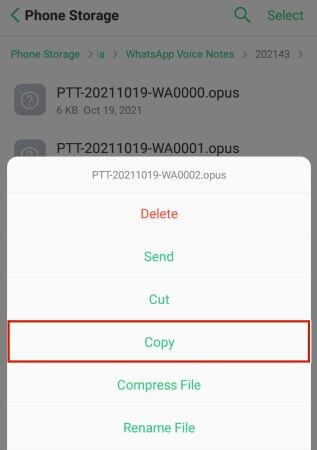 copy WhatsApp audio on Android