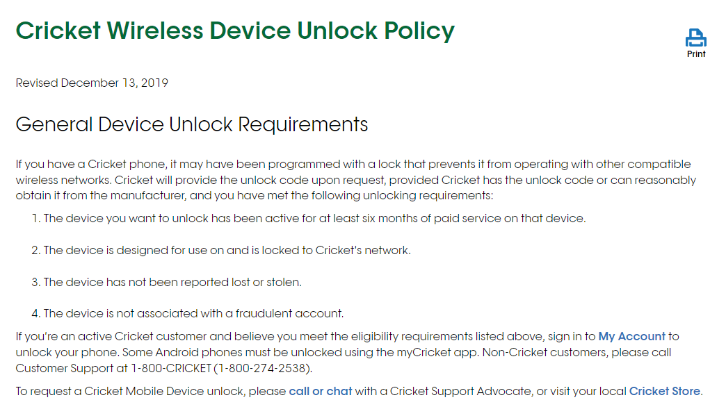 cricket unlocking policy