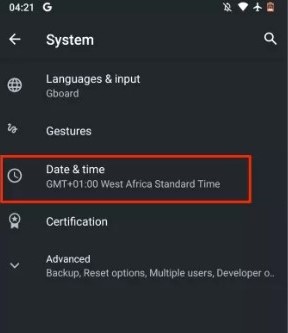 check date and time setting on Android