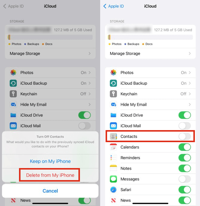 select Deleted from My iPhone to turn off Contacts toggle