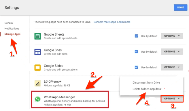 delete WhatsApp data from Google Drive