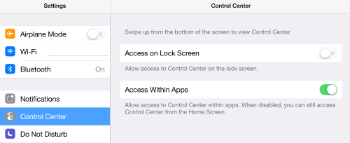 enable control center within apps