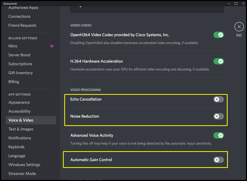 disable echo cancellation and noise reduction