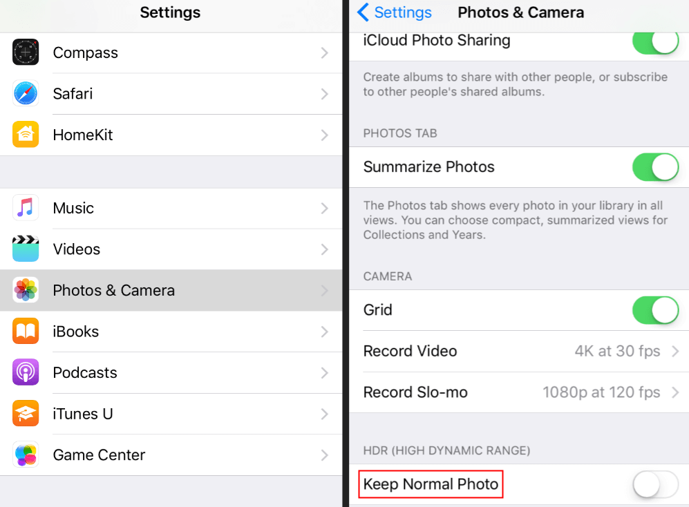 disable keep normal photo on iPhone