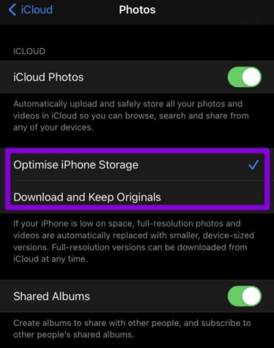 disable optimize iphone storage