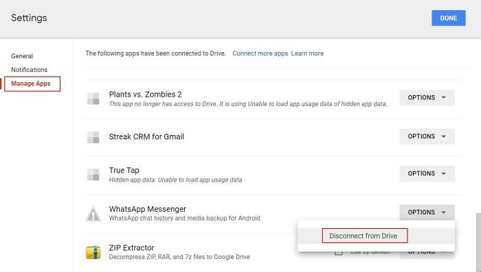 disconnect WhatsApp from Google Drive