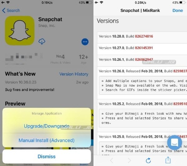 downgrade snapchat app