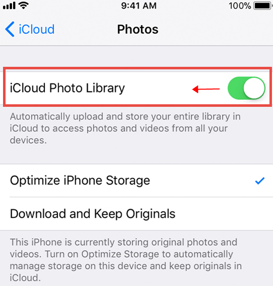disable icloud photo library on iPhone