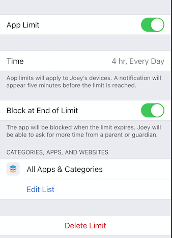 enable block at end of limit screen time