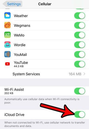 enable cellular data for iCloud drive