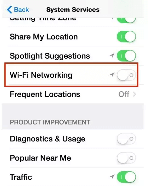 disable WiFi networking in location services