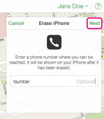 enter phone number to erase iphone