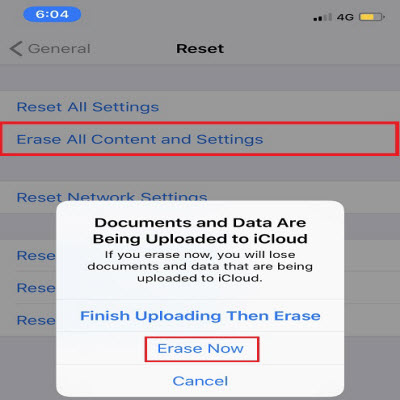 erase all content and settings