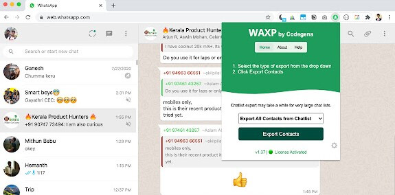 export WhatsApp contacts to excel via Contacts Exporter for WhatsApp extension
