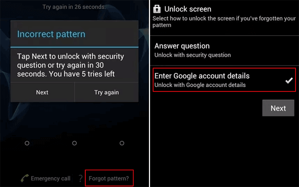 forgot pattern and enter google account