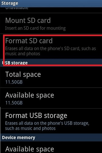 format the sd card on android