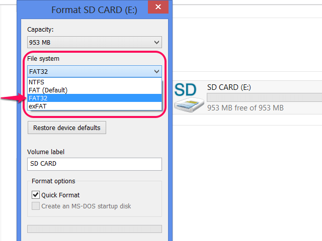 format the sd card to fat32