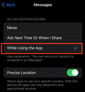 how to check imessage location permission