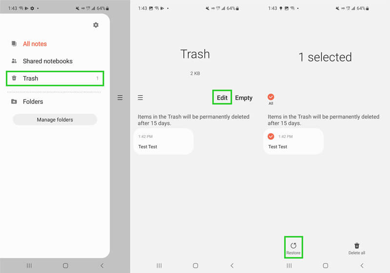 how to recover deleted Samsung notes from Trash folder