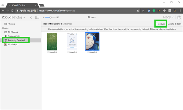 recover photos from recently deleted folder on iCloud.com