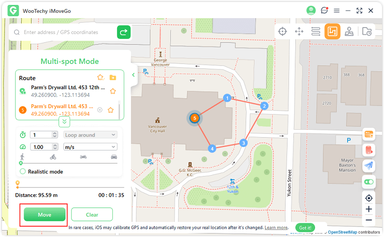 simulate gps movement with imovego multispot mode