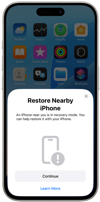 ios 18 restore nearby iphone wireless recovery