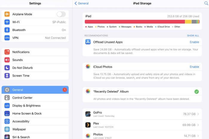 check iPad storage space