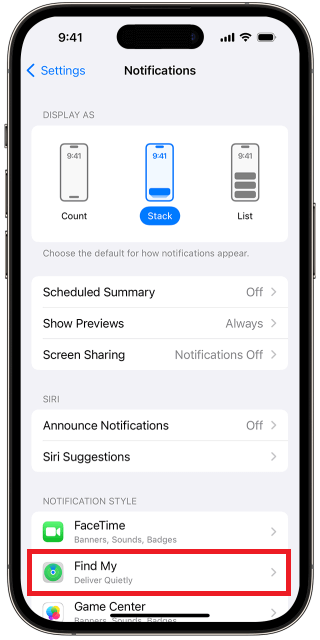 iphone notifications find my