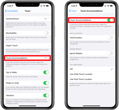 adjust iPhone touch accommodations