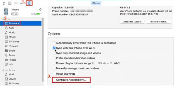 iTunes configure accessibility