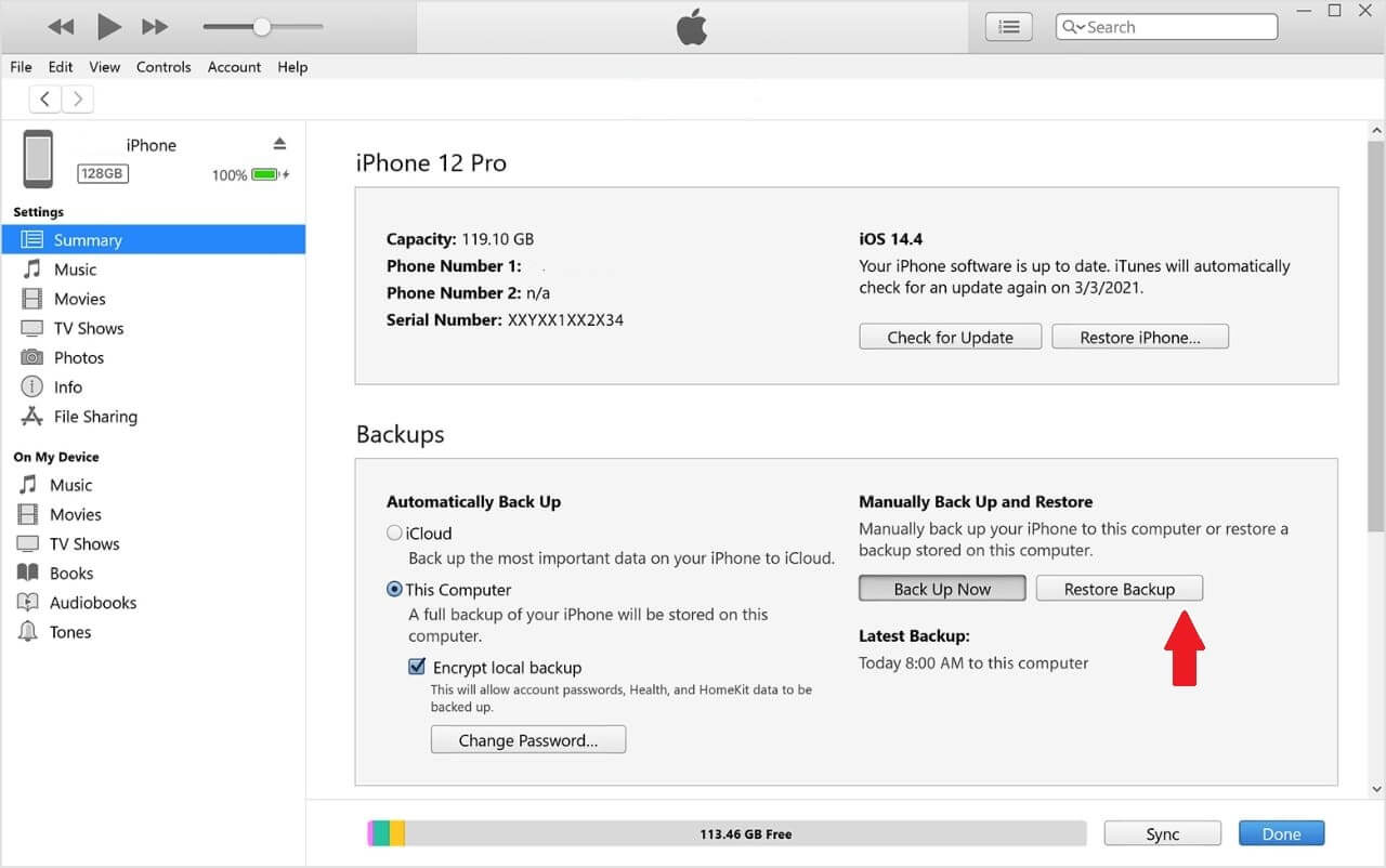 iTunes restore backup page