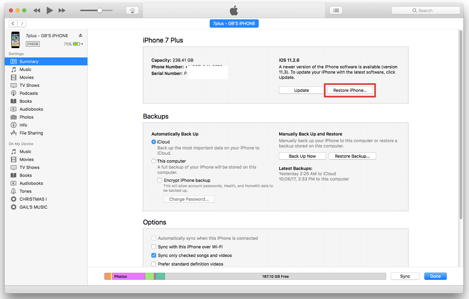 itunes summary restore iphone