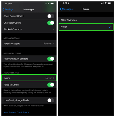 how to keep iMessage audio files forever