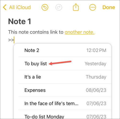 link notes with shortcut in notes app